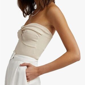 Womens Strapless Crop Top Sweetheart Neck Ribbed Knit Twisted Knot Front